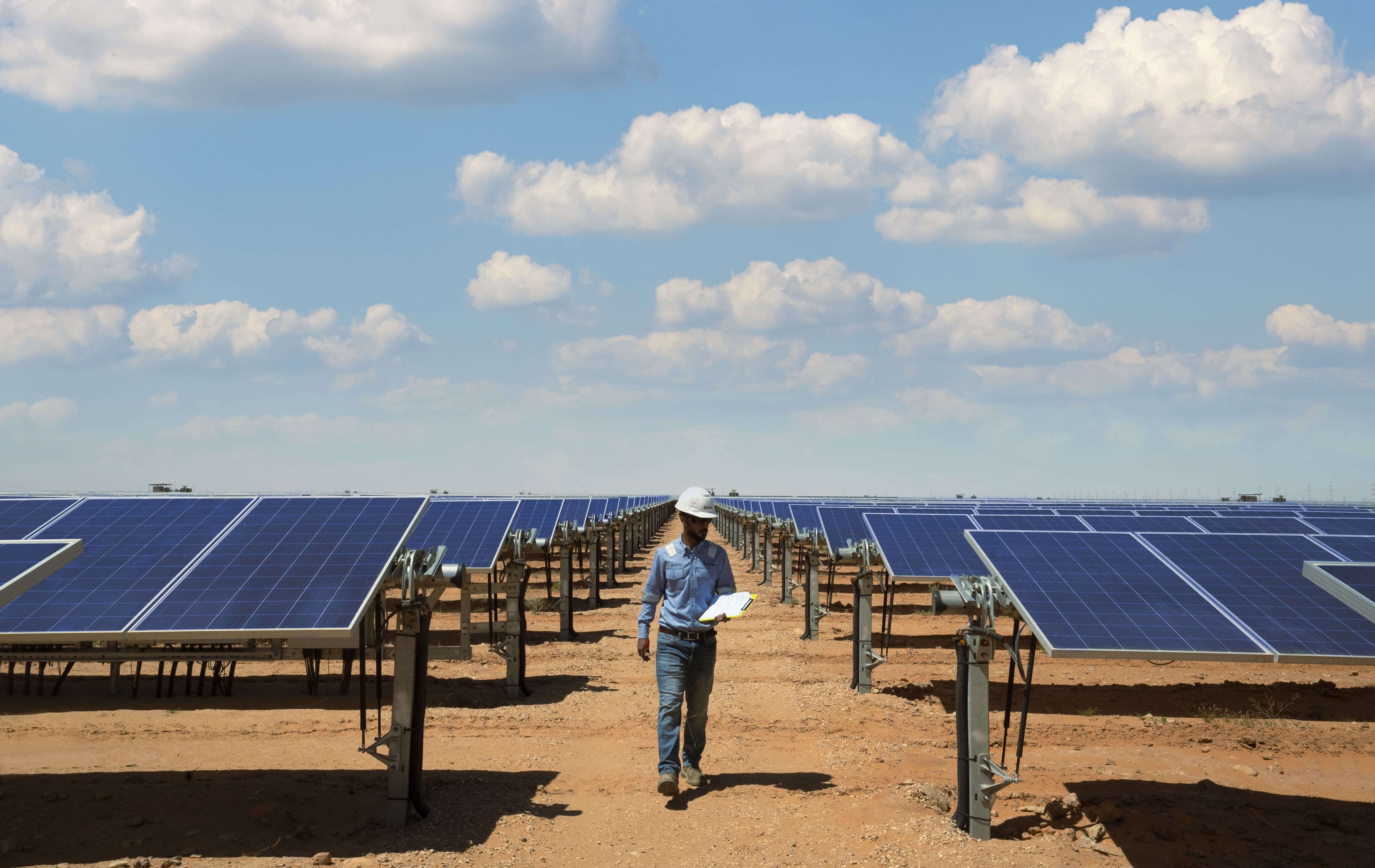 Engineer inspecting a solar farm
